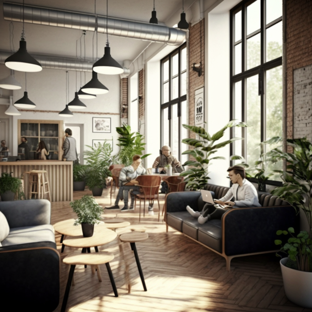 Bureau à louer et à vendre à Bruxelles - entrepôt à louer et à vendre – coworking - Oliviervivi create a photorealistic image of a bustling coworking